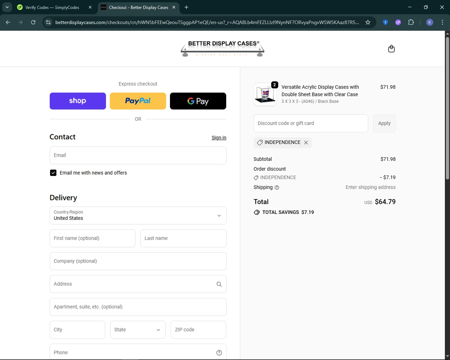 Better Display Cases discount code screenshot showing code INDEPENDENCE applied at Better Display Cases checkout page. Uploaded by SimplyCodes community member KevLapage on Nov 22, 2025