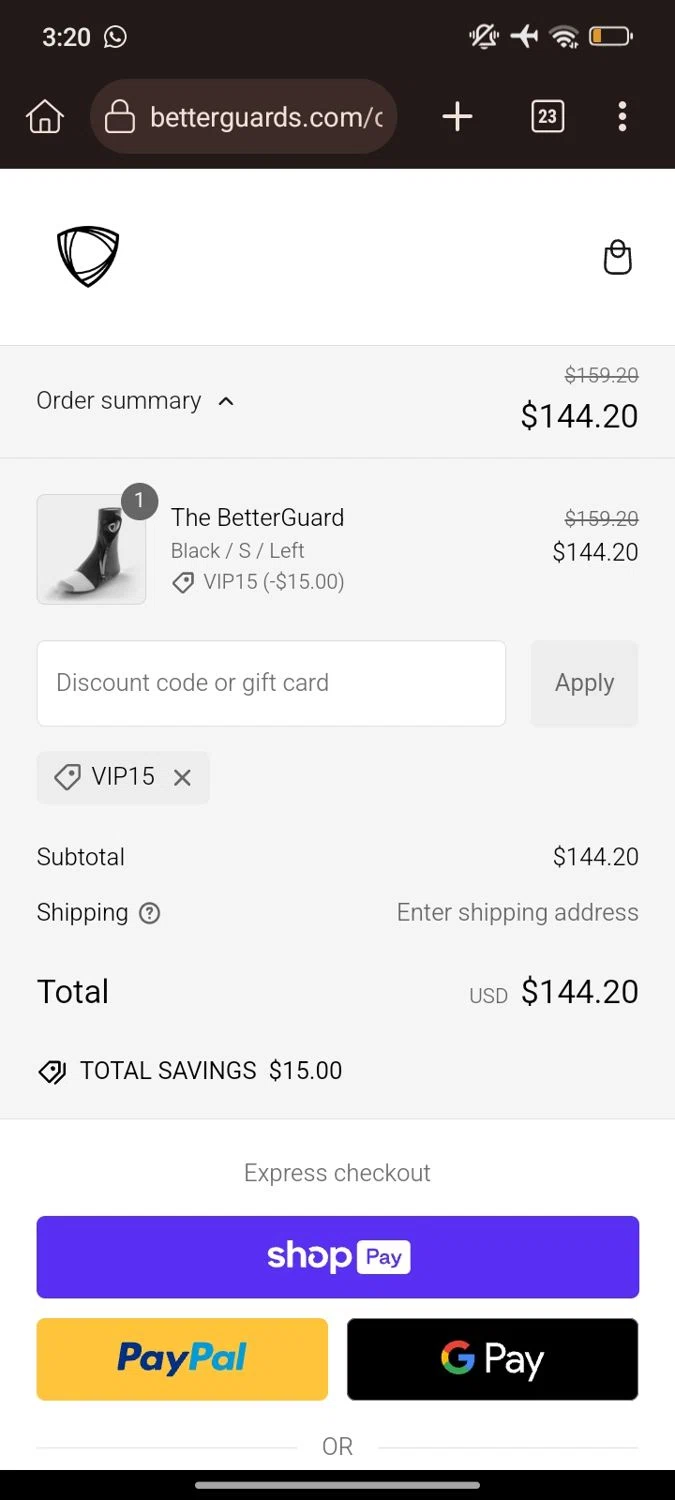 BETTERGUARDS promo code screenshot showing code vip15 applied at BETTERGUARDS checkout page. Uploaded by SimplyCodes community member Juan_collug on Jan 1, 2025