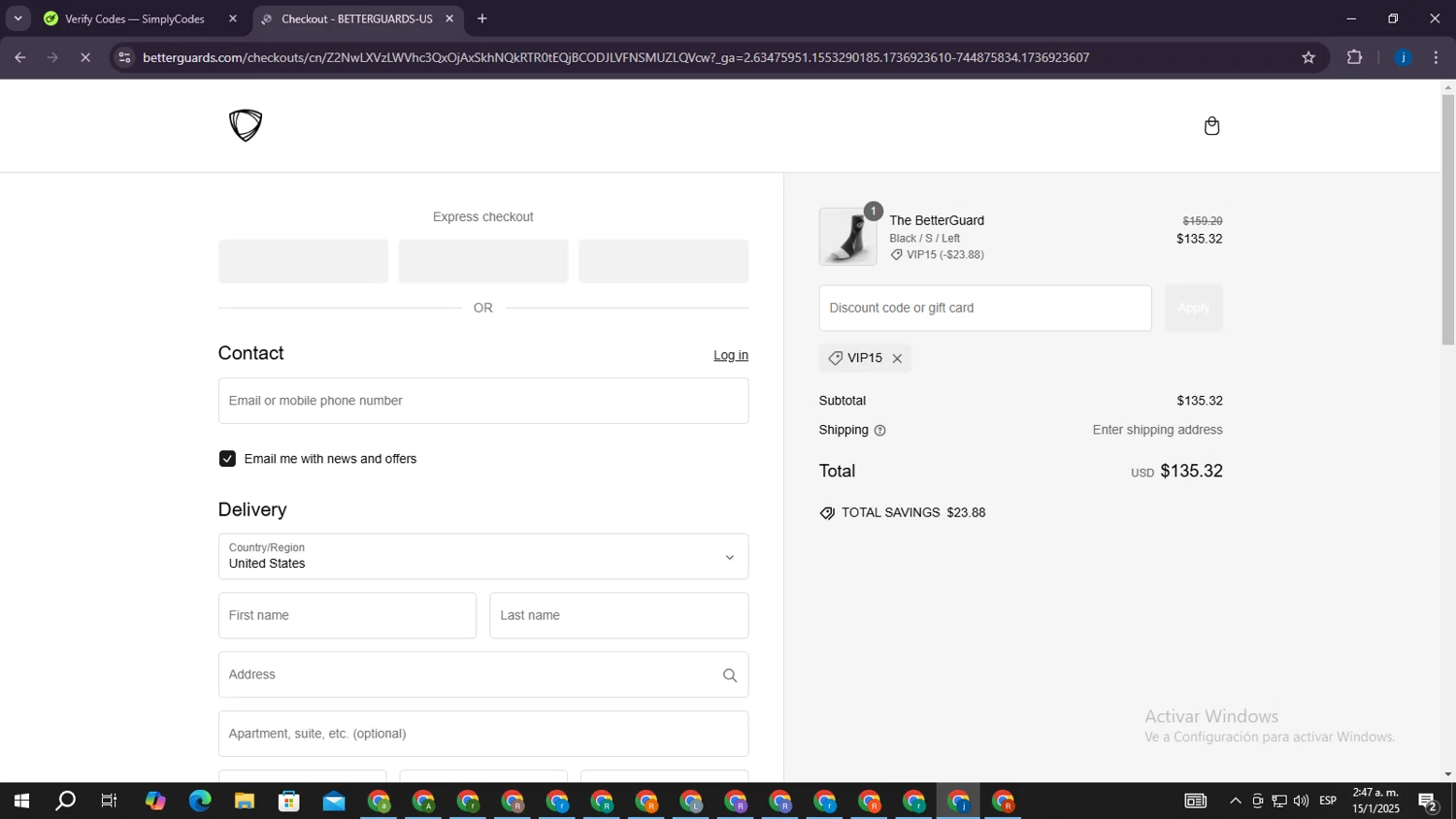 BETTERGUARDS promo code screenshot showing code vip15 applied at BETTERGUARDS checkout page. Uploaded by SimplyCodes community member CrownElite7615 on Jan 15, 2025