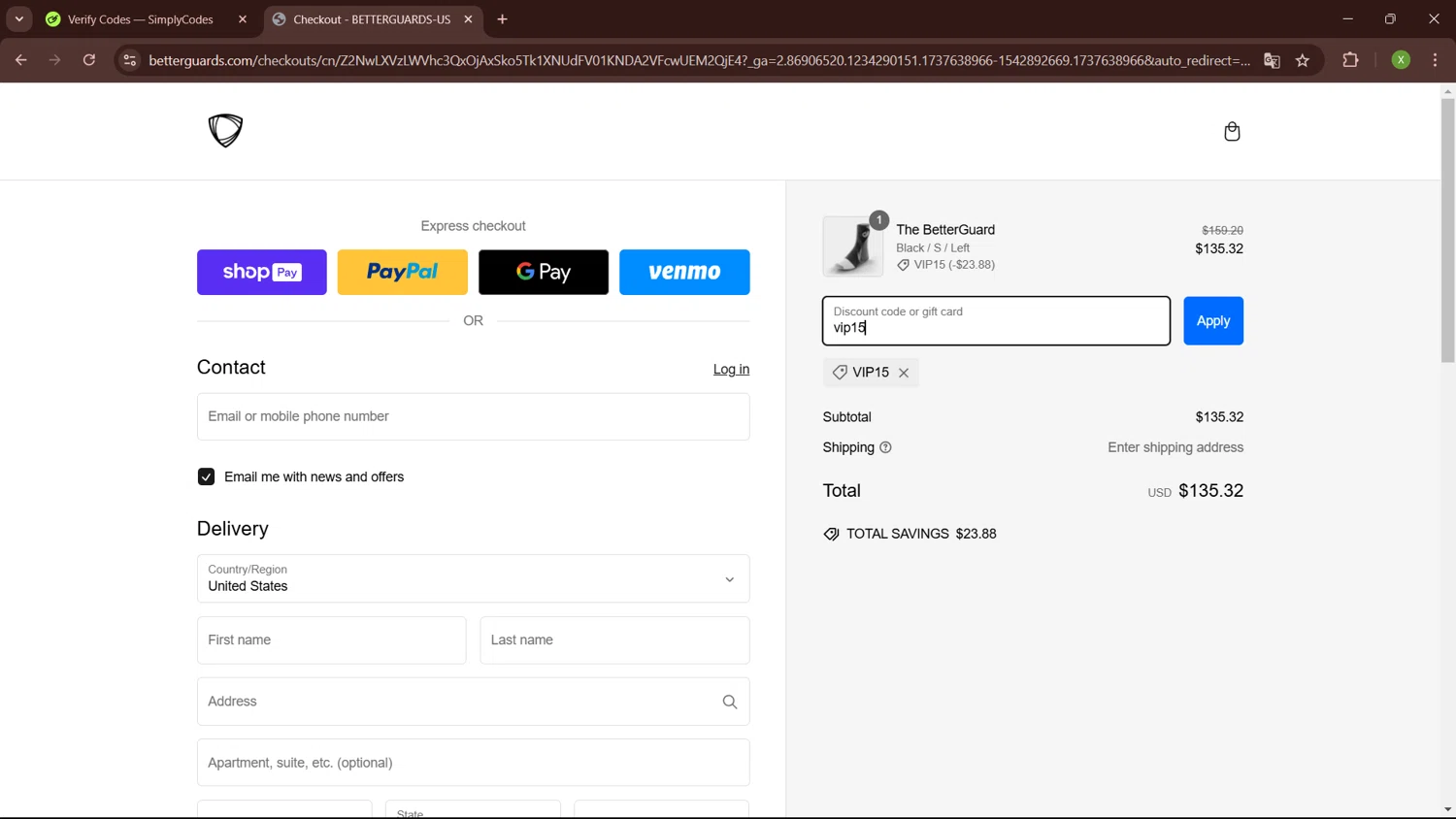 BETTERGUARDS promo code screenshot showing code vip15 applied at BETTERGUARDS checkout page. Uploaded by SimplyCodes community member SaleTiger1087 on Jan 23, 2025
