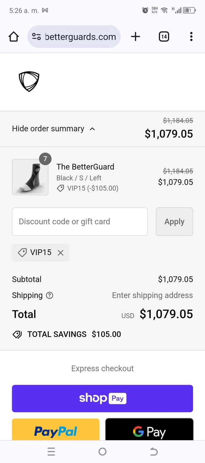 BETTERGUARDS checkout page showing BETTERGUARDS promo code box | Screenshot taken by SimplyCodes community member on Jul 13, 2024