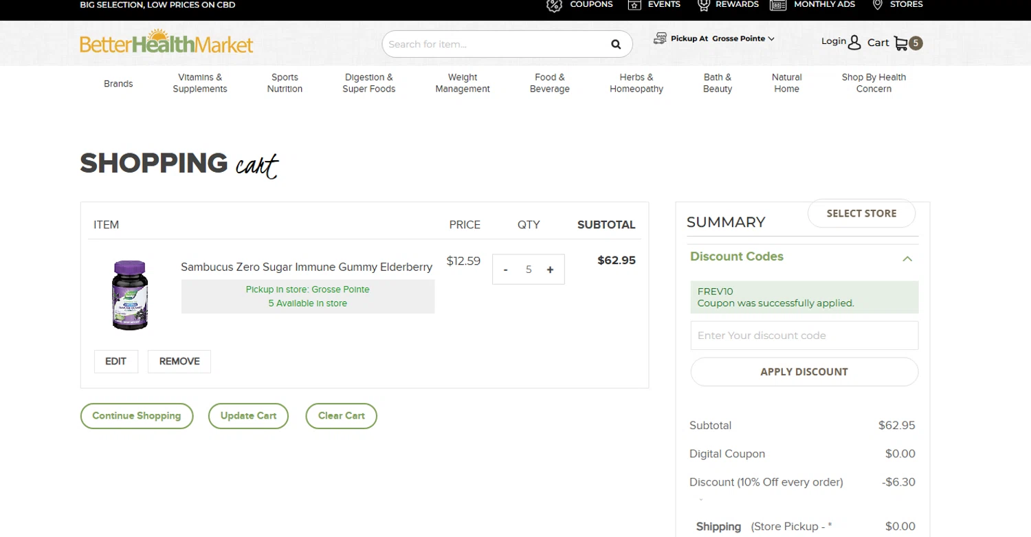 Better Health Store promo code screenshot showing code FREV10 applied at Better Health Store checkout page. Uploaded by SimplyCodes community member Gabrielo200 on Feb 18, 2025