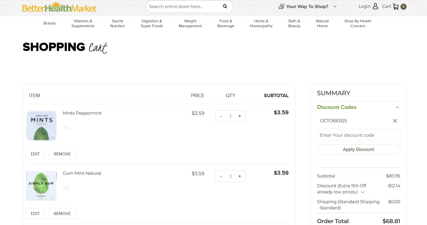 Better Health Store checkout page showing Better Health Store promo code box | Screenshot taken by SimplyCodes community member on Oct 30, 2025
