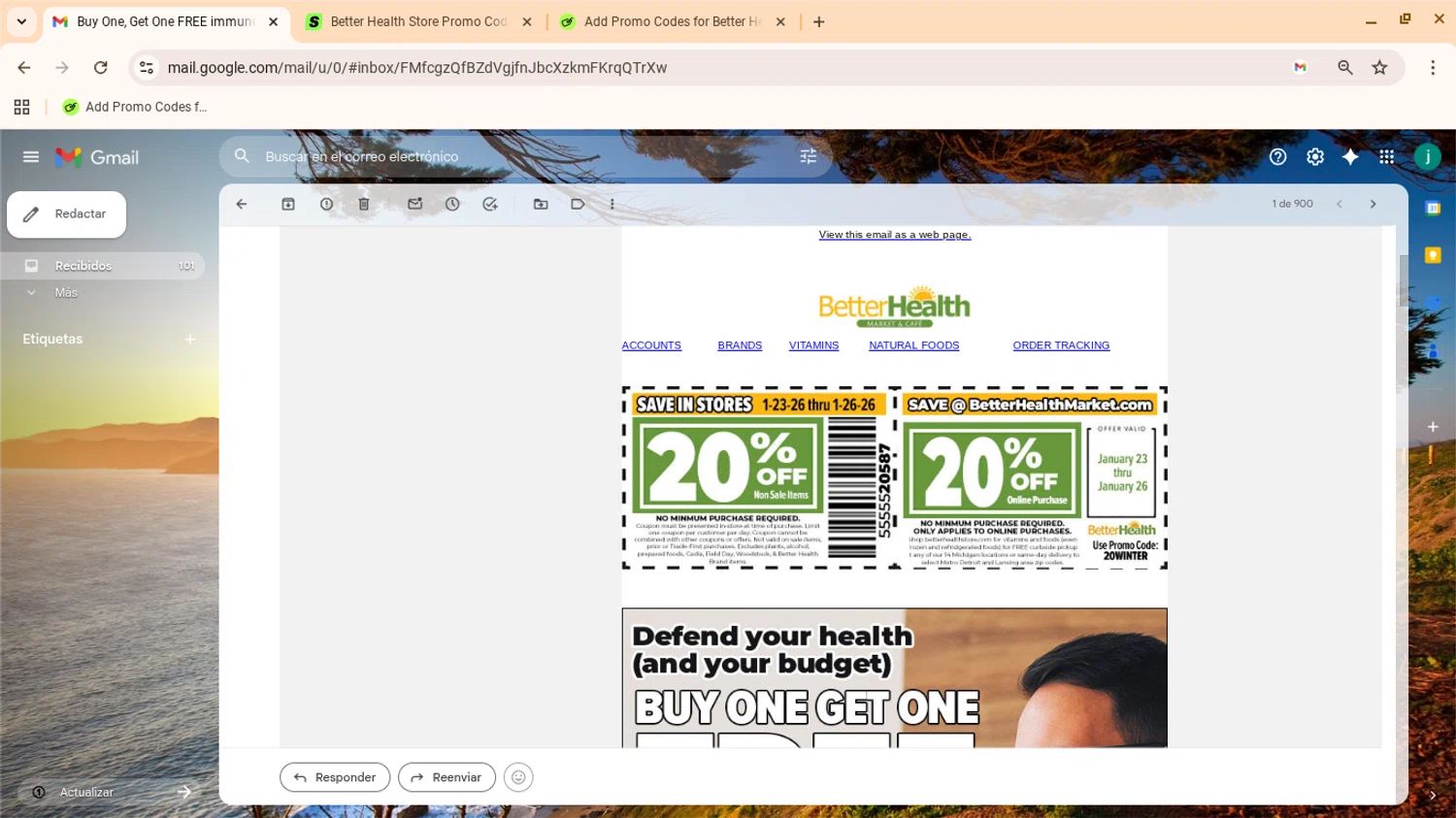 Better Health Store promo code screenshot showing code 20winter applied at Better Health Store checkout page. Uploaded by SimplyCodes community member yennifergonzalez on Jan 23, 2026
