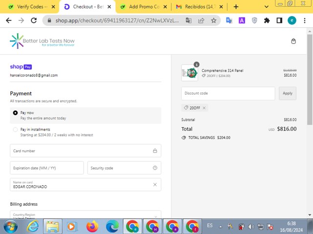 Better Lab Tests Now checkout page showing Better Lab Tests Now promo code box | Screenshot taken by SimplyCodes community member on Aug 16, 2024