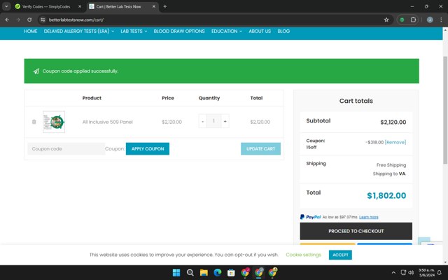 Better Lab Tests Now checkout page showing Better Lab Tests Now promo code box | Screenshot taken by SimplyCodes community member on Jun 5, 2024
