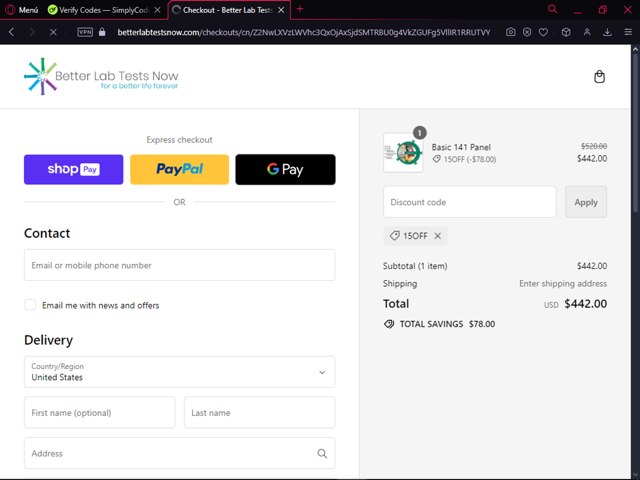 Better Lab Tests Now checkout page showing Better Lab Tests Now promo code box | Screenshot taken by SimplyCodes community member on Sep 14, 2024