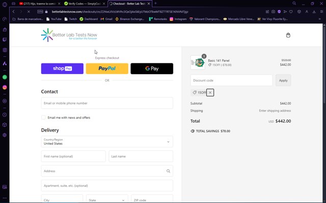 Better Lab Tests Now checkout page showing Better Lab Tests Now promo code box | Screenshot taken by SimplyCodes community member on Oct 13, 2024