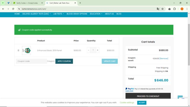 Better Lab Tests Now checkout page showing Better Lab Tests Now promo code box | Screenshot taken by SimplyCodes community member on Jun 5, 2024
