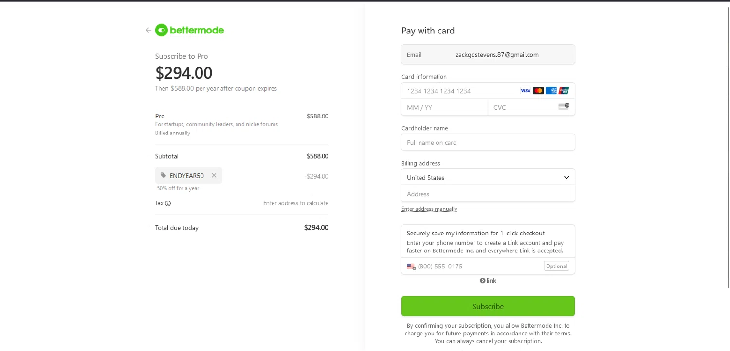 Bettermode checkout page showing Bettermode promo code box | Screenshot taken by SimplyCodes community member on Dec 6, 2024