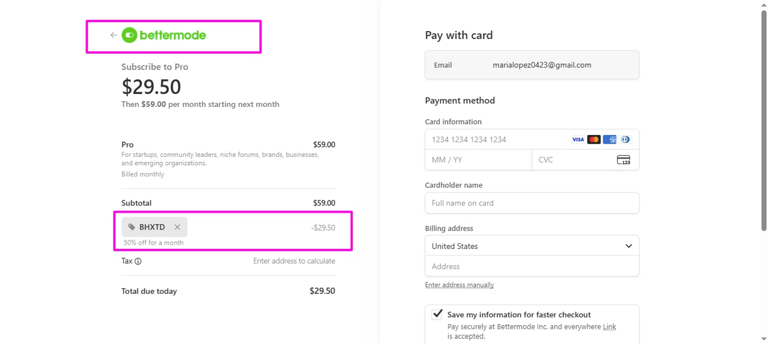 Bettermode promo code screenshot showing code BHXTD applied at Bettermode checkout page. Uploaded by SimplyCodes community member mrdarcy on Sep 9, 2025