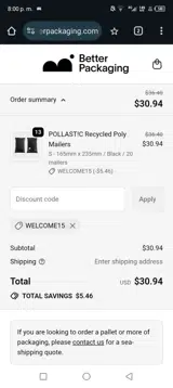 WELCOME15 coupon verification screenshot