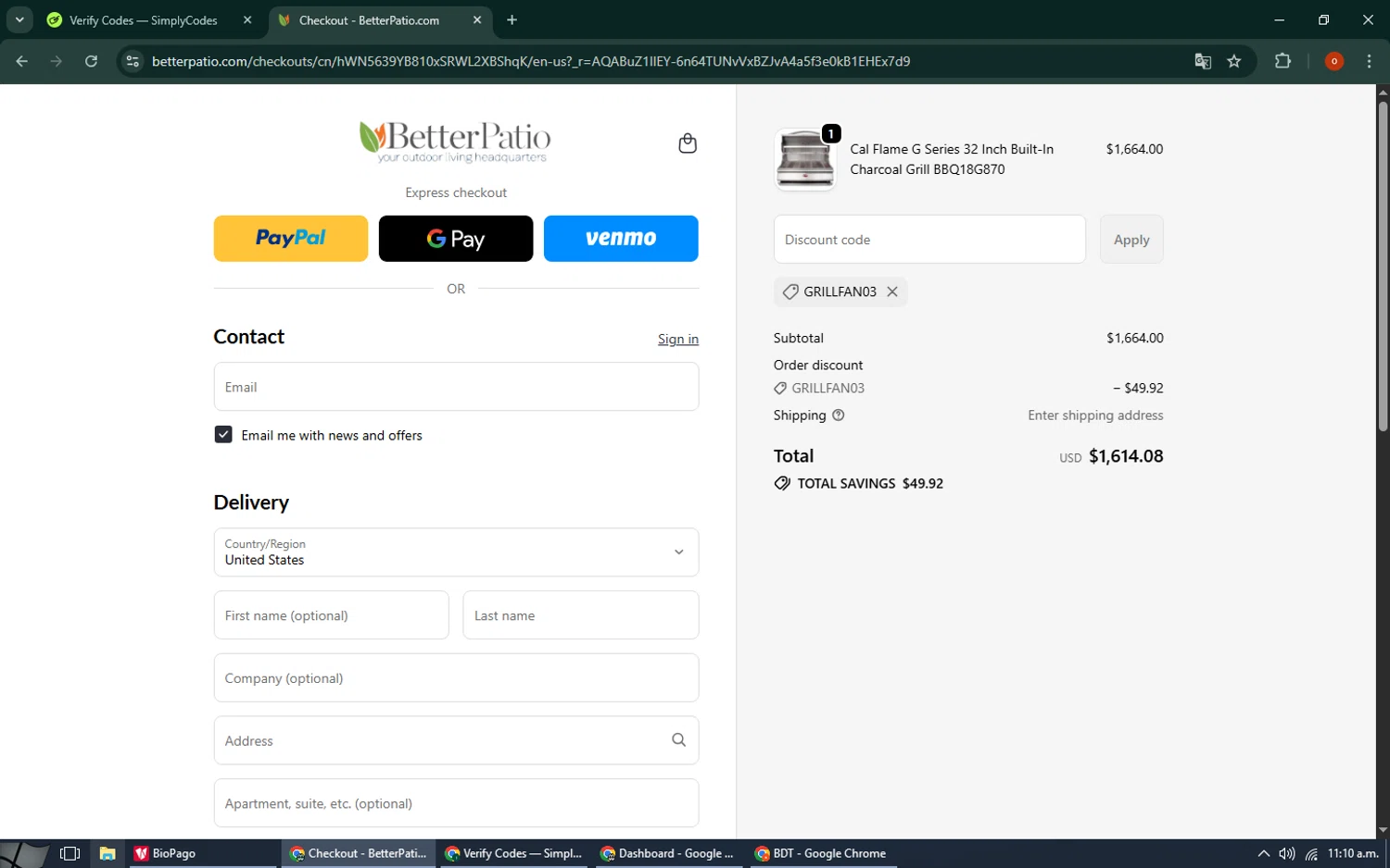 Better Patio discount code screenshot showing code GRILLFAN03 applied at Better Patio checkout page. Uploaded by SimplyCodes community member CashAdmiral6490 on Nov 9, 2025