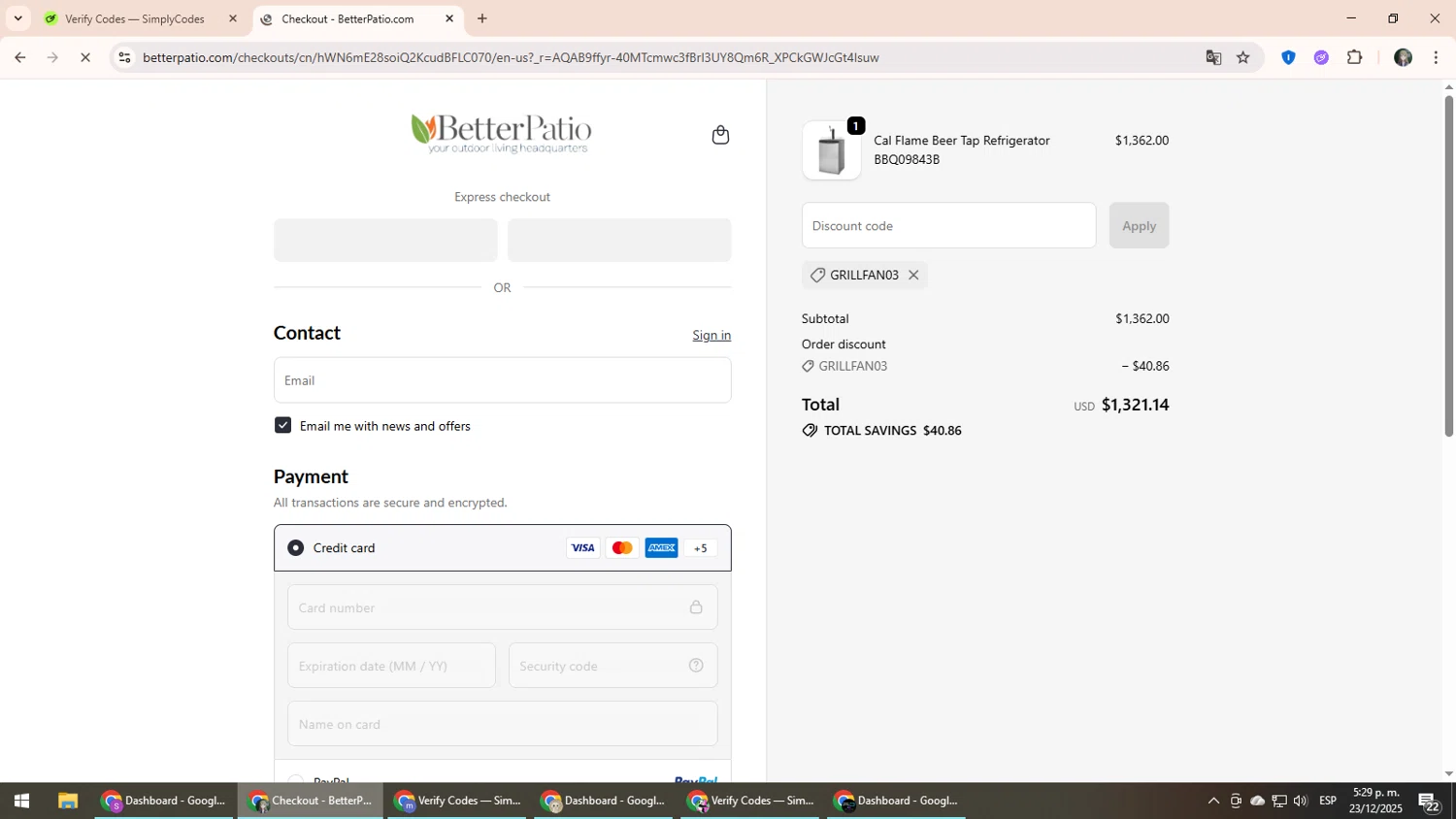 Better Patio discount code screenshot showing code GRILLFAN03 applied at Better Patio checkout page. Uploaded by SimplyCodes community member CleverLynx6871 on Dec 23, 2025