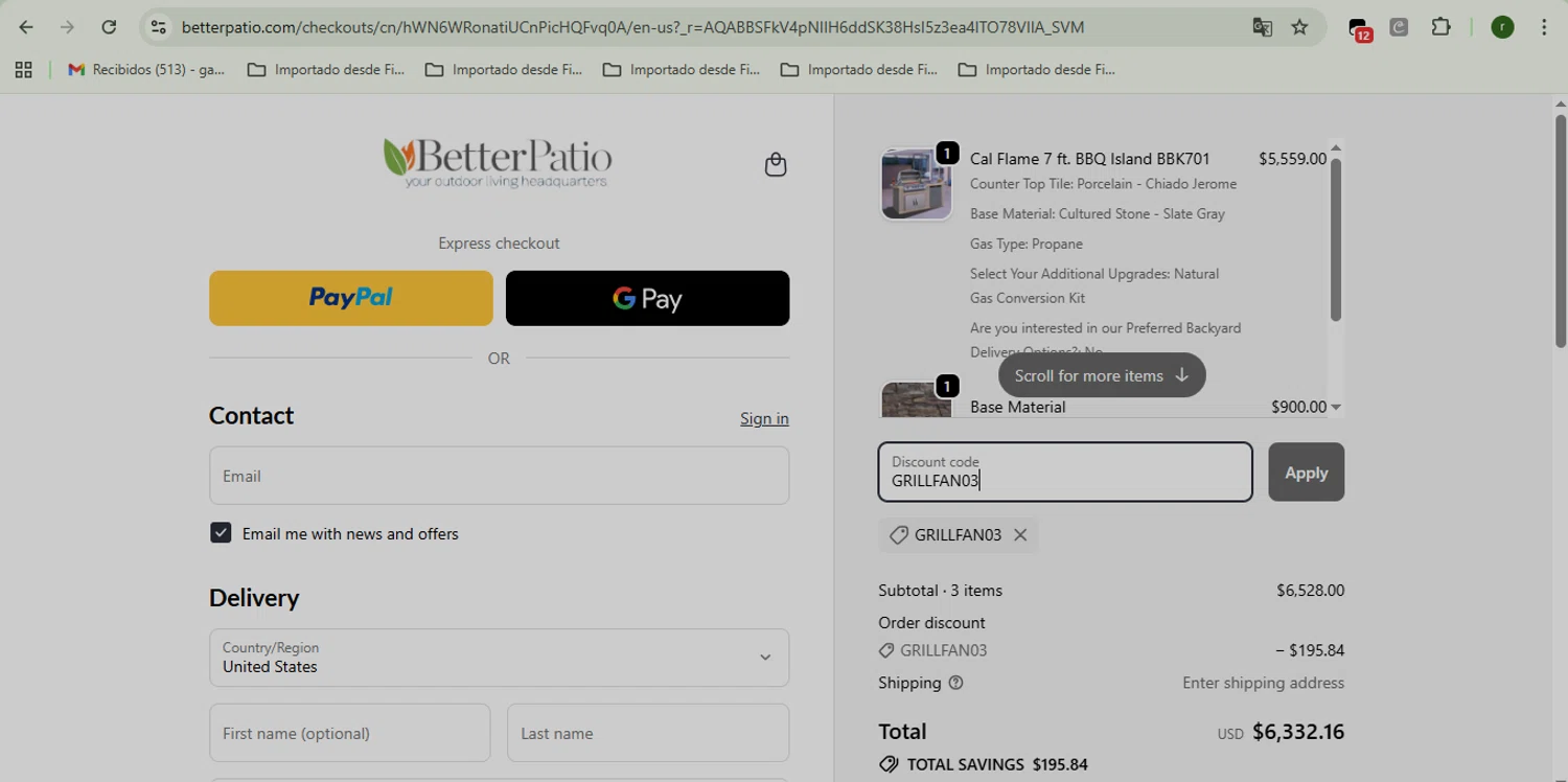 Better Patio discount code screenshot showing code GRILLFAN03 applied at Better Patio checkout page. Uploaded by SimplyCodes community member VoucherKnight6415 on Dec 17, 2025