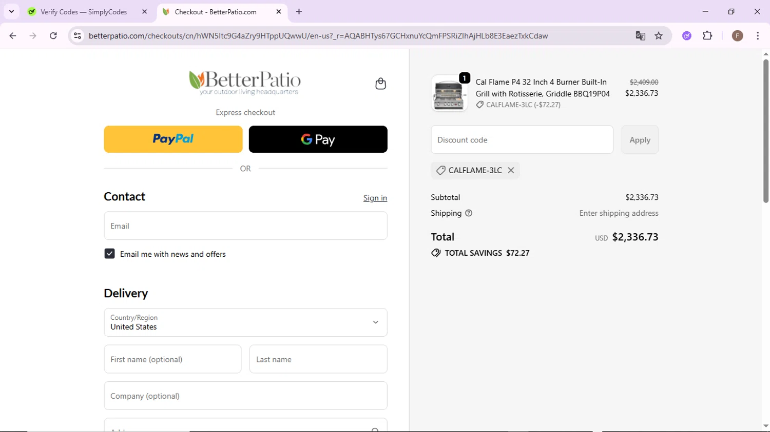Better Patio discount code screenshot showing code CALFLAME-3LC applied at Better Patio checkout page. Uploaded by SimplyCodes community member CashLion2660 on Nov 15, 2025