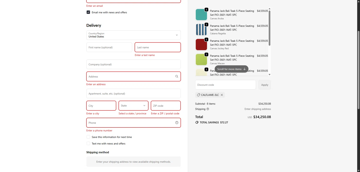 Better Patio discount code screenshot showing code CALFLAME-3LC applied at Better Patio checkout page. Uploaded by SimplyCodes community member TokenNavigator3088 on Nov 9, 2025