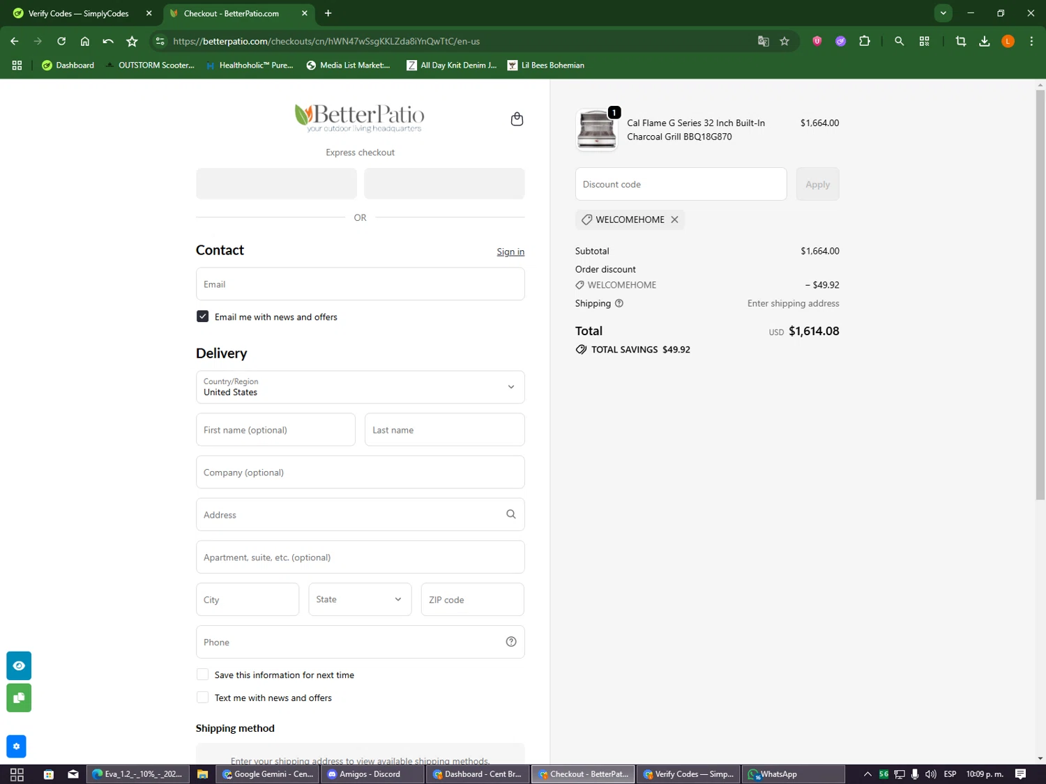 Better Patio discount code screenshot showing code WELCOMEHOME applied at Better Patio checkout page. Uploaded by SimplyCodes community member DealOwl9228 on Oct 15, 2025