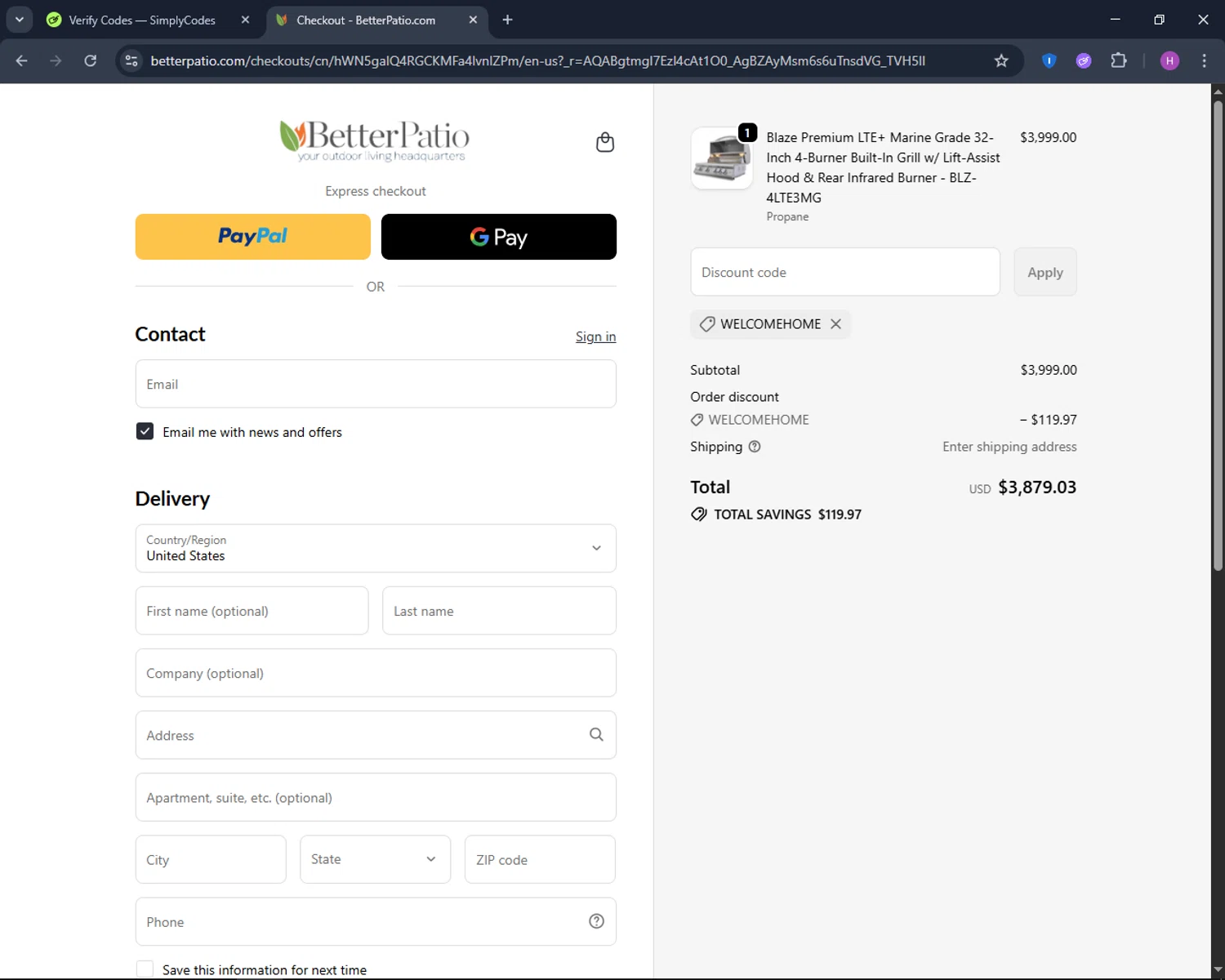 Better Patio discount code screenshot showing code WELCOMEHOME applied at Better Patio checkout page. Uploaded by SimplyCodes community member TokenNavigator6891 on Nov 25, 2025
