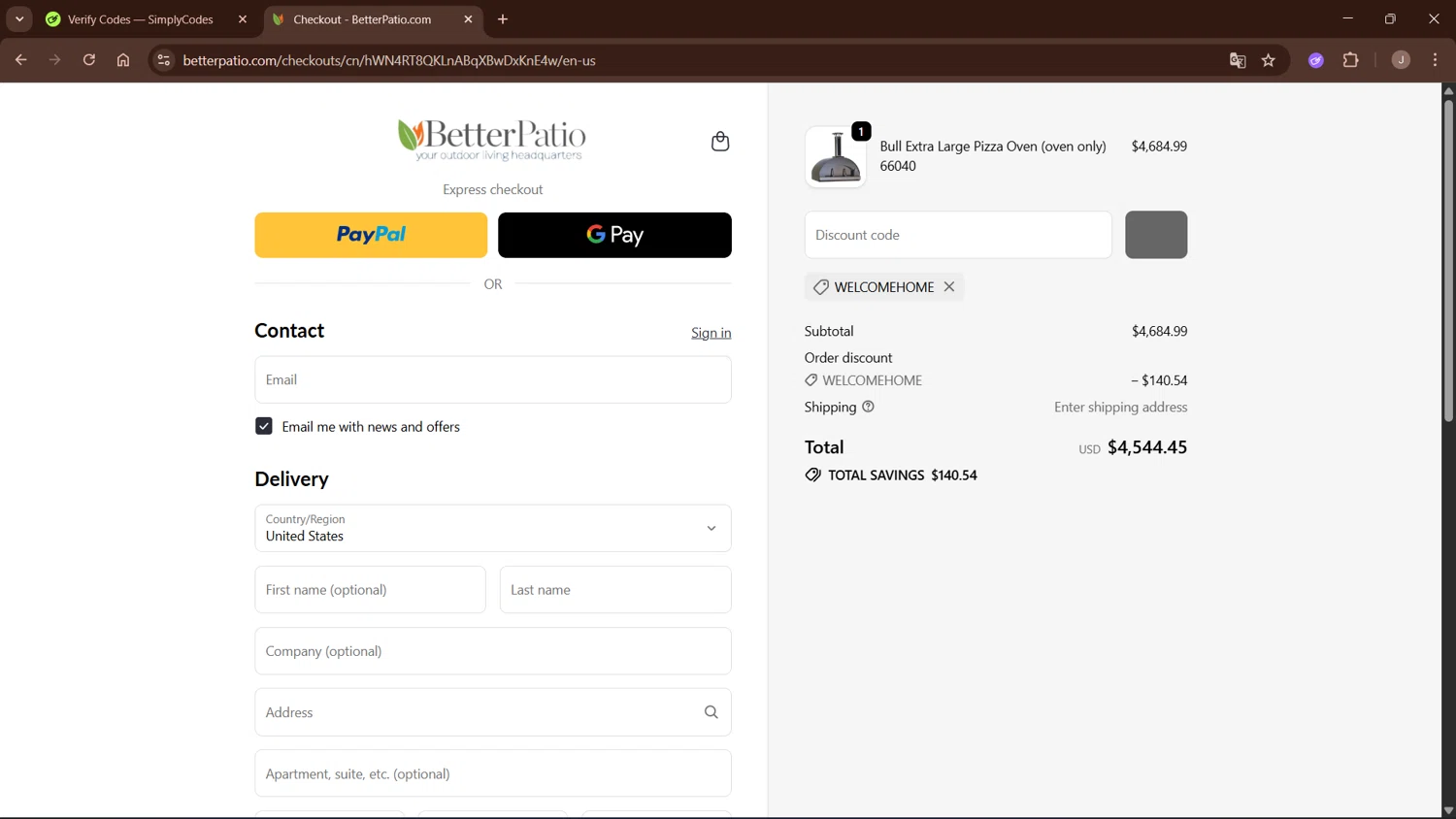 Better Patio discount code screenshot showing code WELCOMEHOME applied at Better Patio checkout page. Uploaded by SimplyCodes community member WisePro3955 on Oct 23, 2025