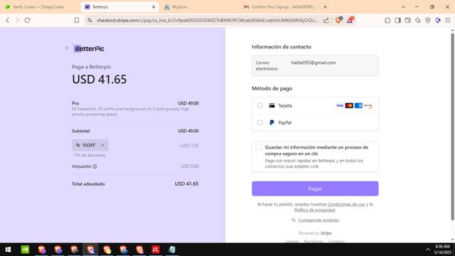 BetterPic checkout page showing BetterPic promo code box | Screenshot taken by SimplyCodes community member on May 14, 2025