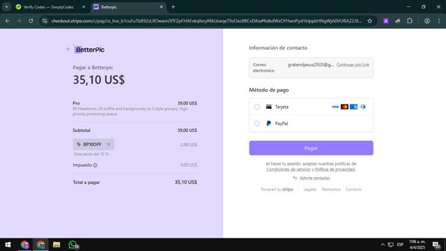 BetterPic checkout page showing BetterPic promo code box | Screenshot taken by SimplyCodes community member on Apr 4, 2025