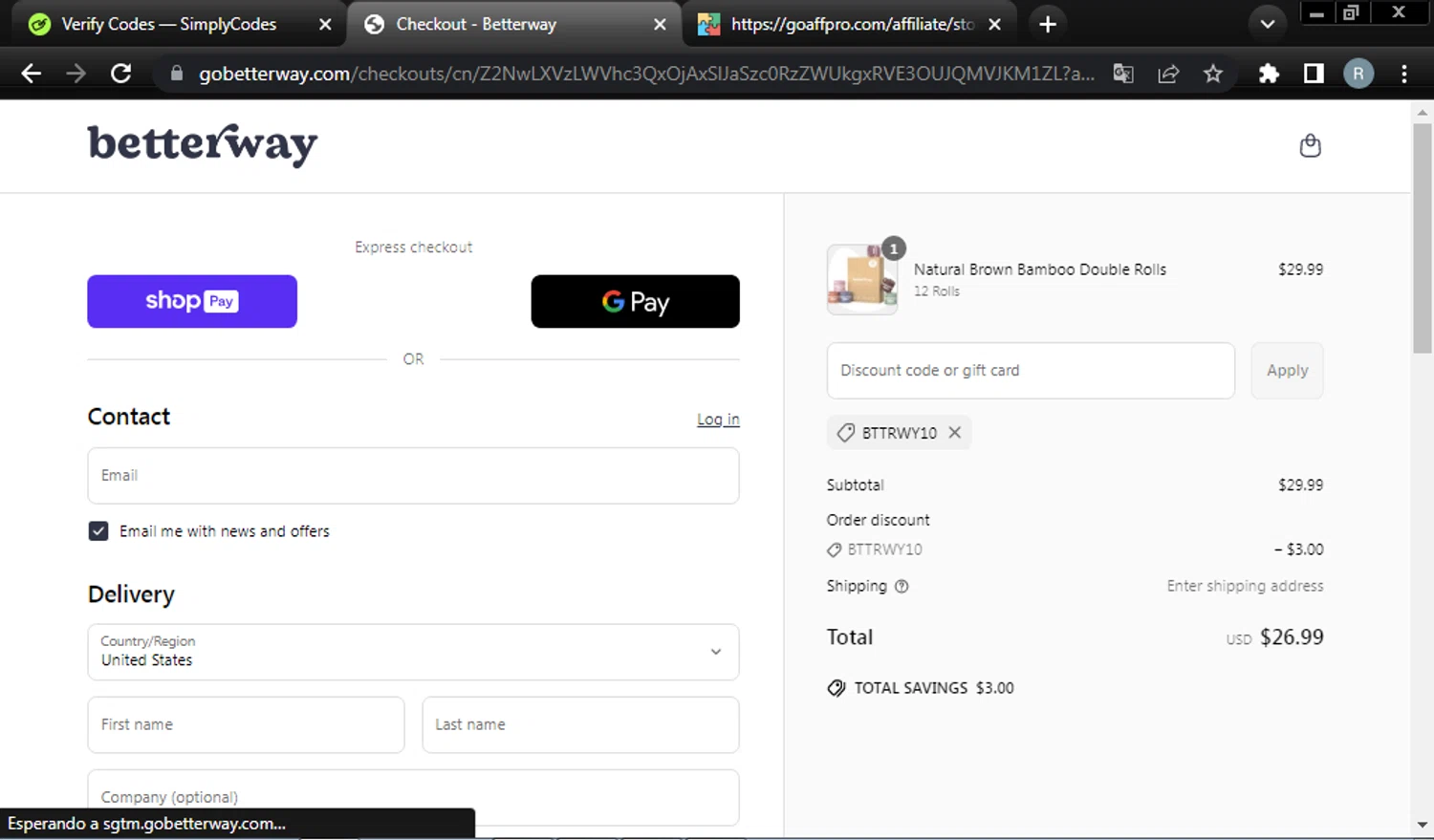 Betterway promo code screenshot showing code BTTRWY10 applied at Betterway checkout page. Uploaded by SimplyCodes community member LegendaryScout1319 on Apr 16, 2025