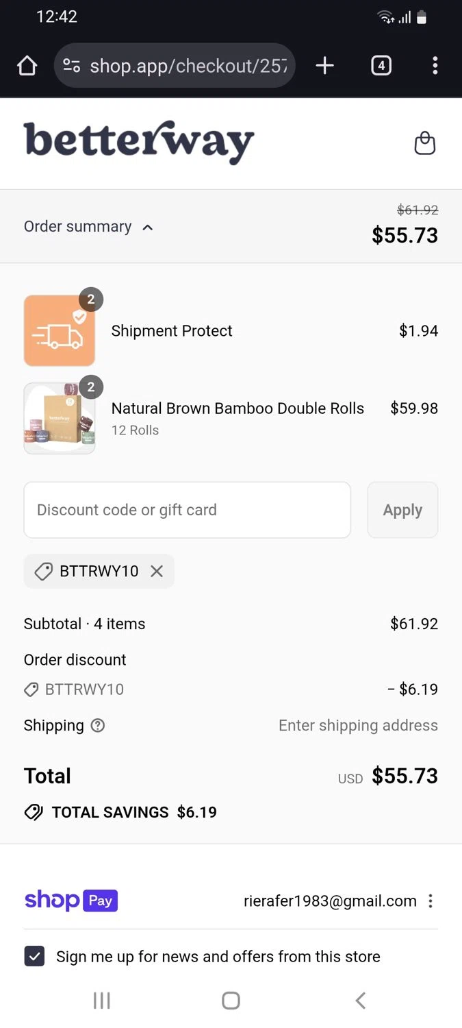 Betterway promo code screenshot showing code BTTRWY10 applied at Betterway checkout page. Uploaded by SimplyCodes community member tulioriera on Aug 16, 2025