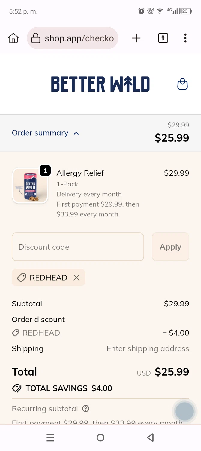 BetterWild promo code screenshot showing code REDHEAD applied at BetterWild checkout page. Uploaded by SimplyCodes community member Anthony_Diaz on Oct 10, 2025