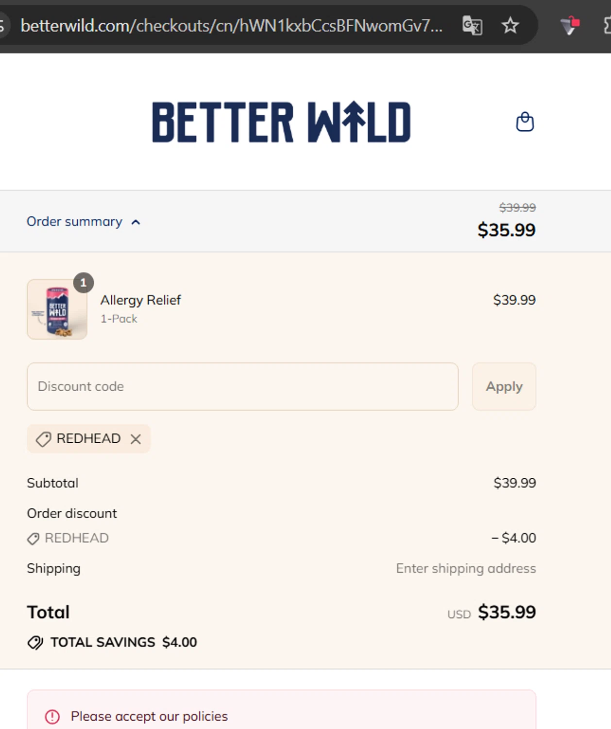 BetterWild promo code screenshot showing code REDHEAD applied at BetterWild checkout page. Uploaded by SimplyCodes community member LaCalix3000 on Aug 13, 2025