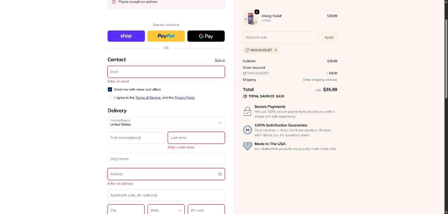 BetterWild checkout page showing BetterWild promo code box | Screenshot taken by SimplyCodes community member on Jan 29, 2026