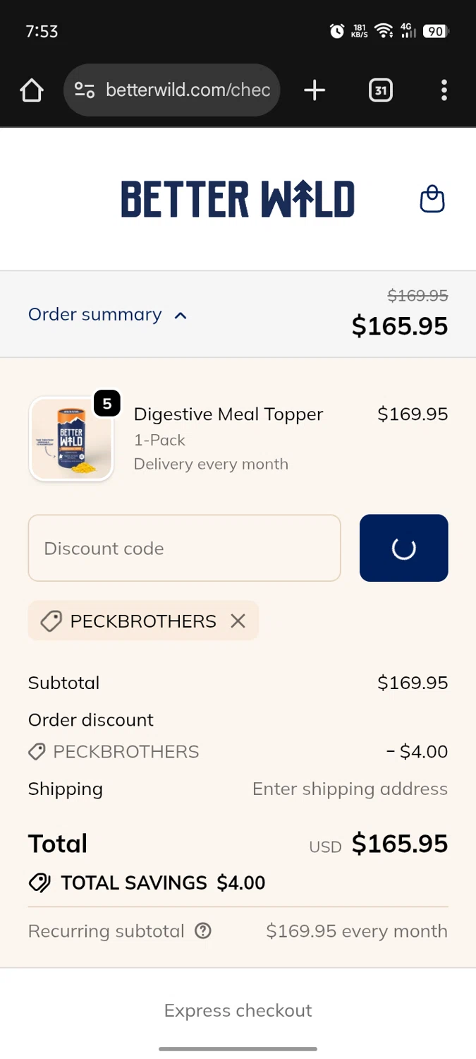 BetterWild promo code screenshot showing code PECKBROTHERS applied at BetterWild checkout page. Uploaded by SimplyCodes community member Jhaybeatz on Oct 11, 2025