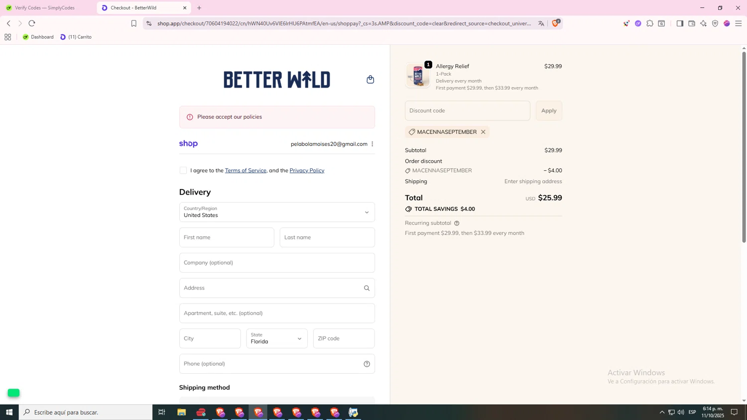 BetterWild promo code screenshot showing code MACENNASEPTEMBER applied at BetterWild checkout page. Uploaded by SimplyCodes community member 000000 on Oct 11, 2025