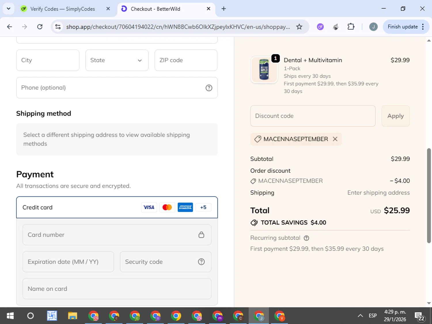 BetterWild checkout page showing BetterWild promo code box | Screenshot taken by SimplyCodes community member on Jan 29, 2026