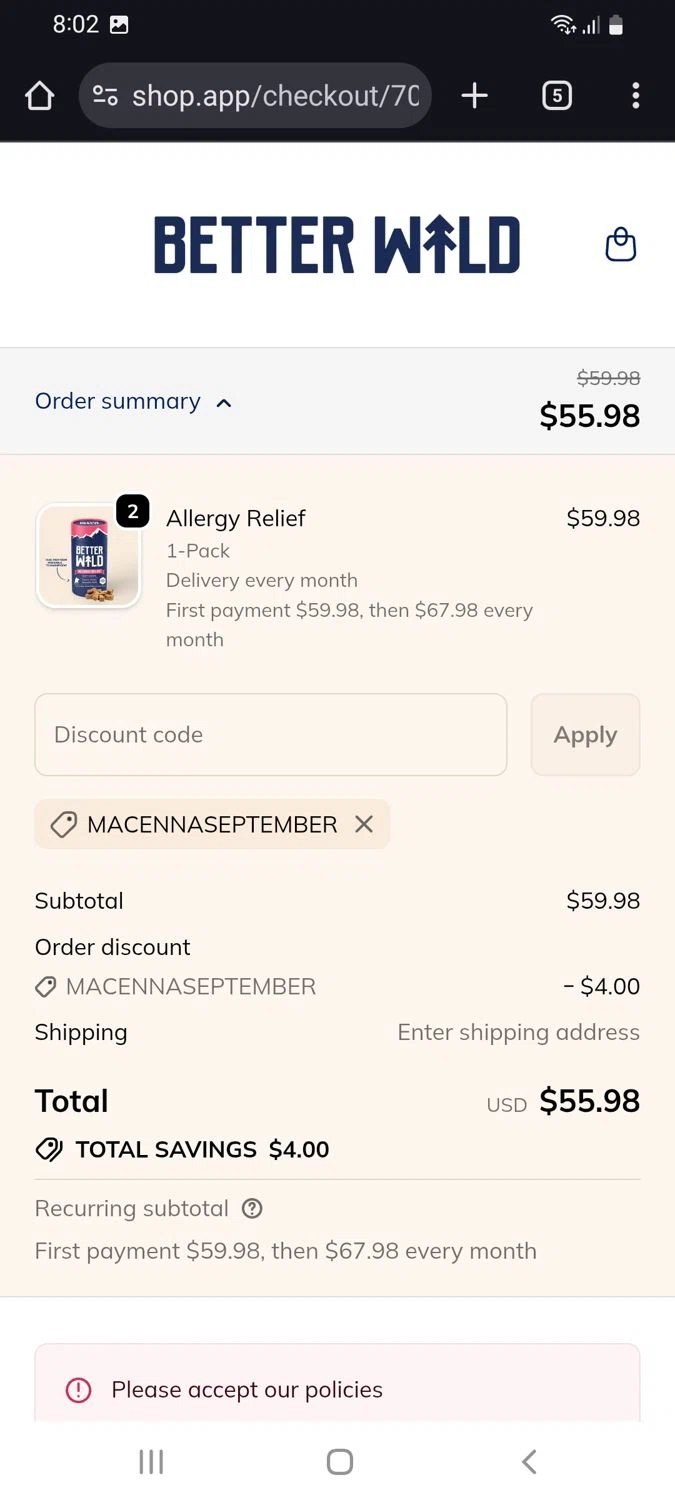 BetterWild promo code screenshot showing code MACENNASEPTEMBER applied at BetterWild checkout page. Uploaded by SimplyCodes community member tulioriera on Nov 18, 2025