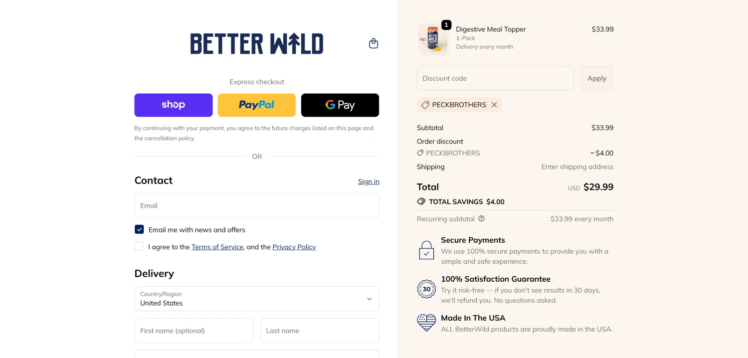 BetterWild promo code screenshot showing code PECKBROTHERS applied at BetterWild checkout page. Uploaded by SimplyCodes community member Dorothy on Oct 11, 2025