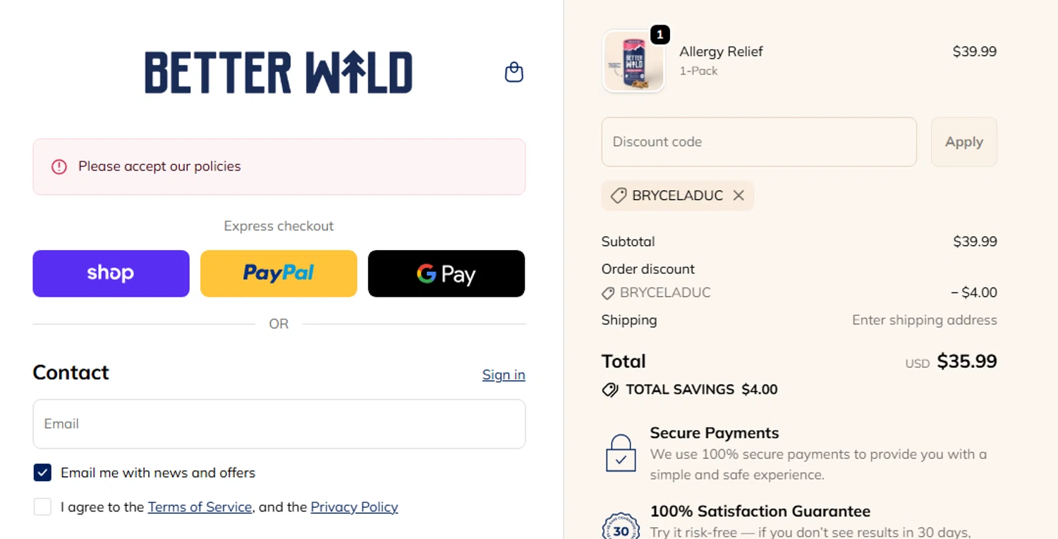 BetterWild promo code screenshot showing code BRYCELADUC applied at BetterWild checkout page. Uploaded by SimplyCodes community member Jhonny on Oct 4, 2025
