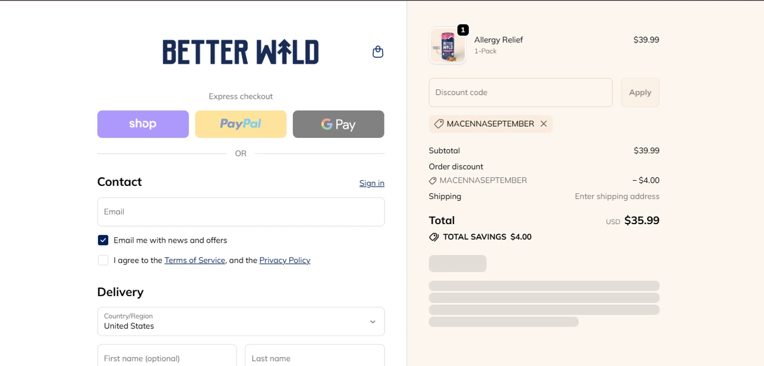 BetterWild promo code screenshot showing code MACENNASEPTEMBER applied at BetterWild checkout page. Uploaded by SimplyCodes community member juanisaac on Oct 11, 2025