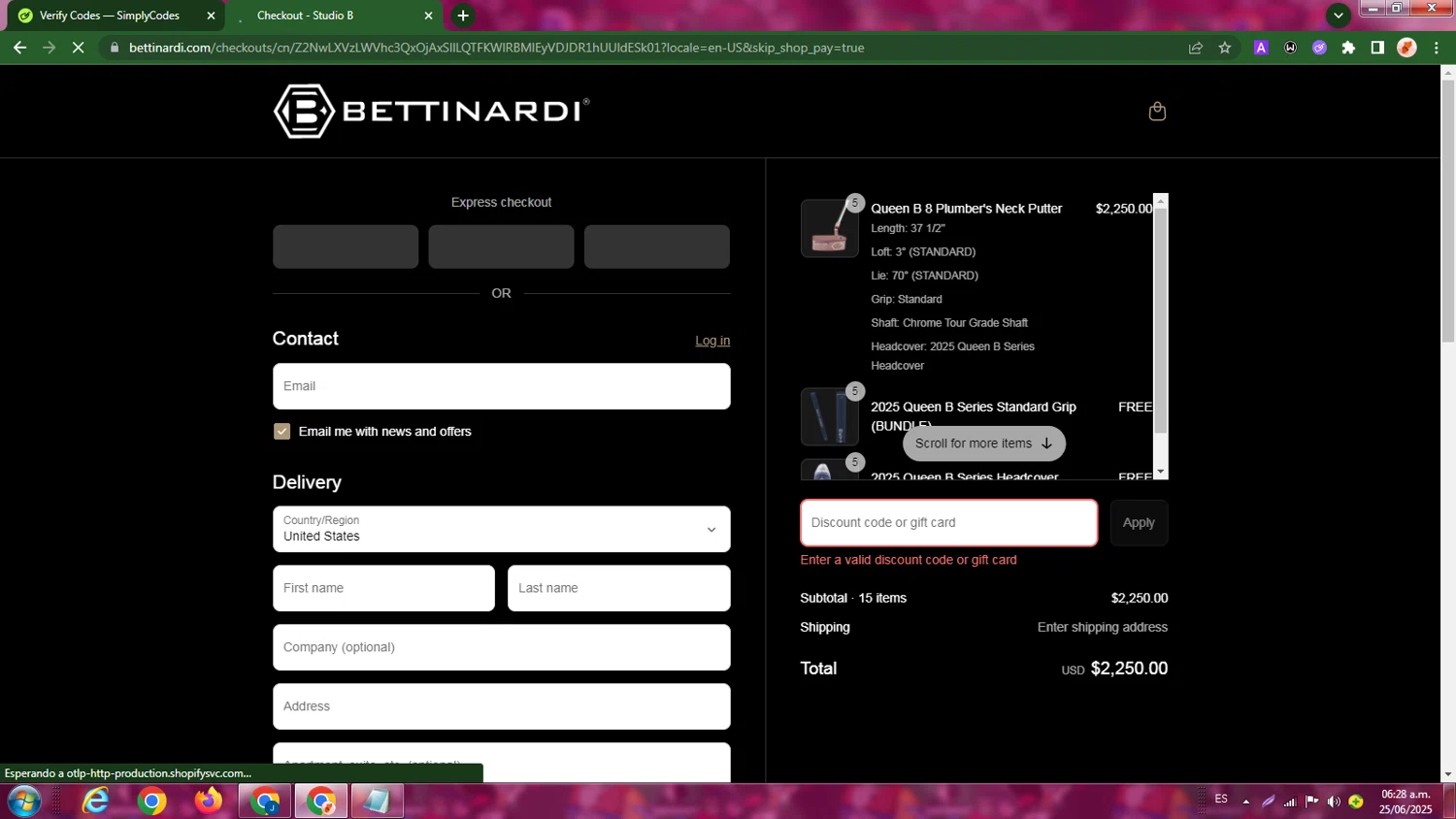 Bettinardi discount code screenshot showing code pgatss50 applied at Bettinardi checkout page. Uploaded by SimplyCodes community member LegendaryBoss7060 on Jun 25, 2025