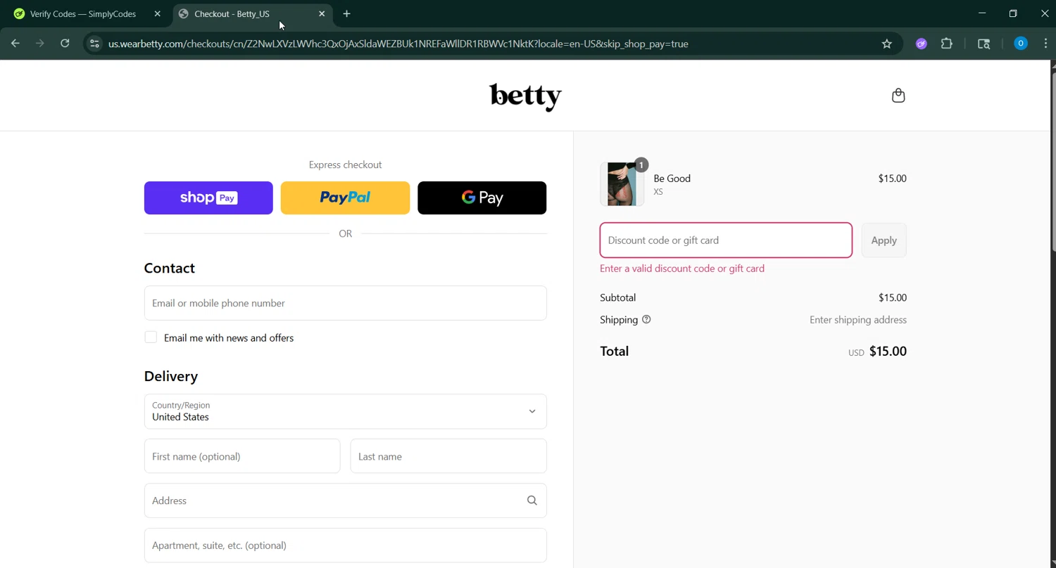 Betty promo code screenshot showing code JUSTFORME applied at Betty checkout page. Uploaded by SimplyCodes community member GoldAdmiral5202 on Jun 5, 2025
