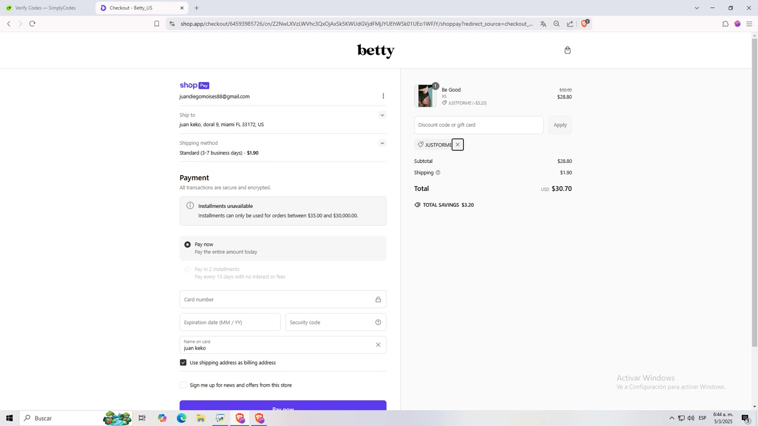 Betty checkout page showing Betty promo code box | Screenshot taken by SimplyCodes community member on Mar 5, 2025