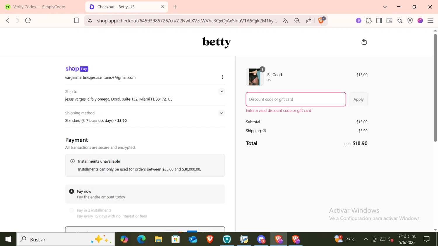 Betty promo code screenshot showing code JUSTFORME applied at Betty checkout page. Uploaded by SimplyCodes community member CODMOBILE1 on Jun 5, 2025