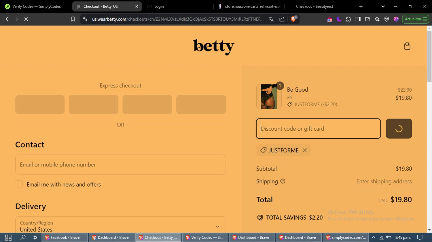 Betty checkout page showing Betty promo code box | Screenshot taken by SimplyCodes community member on Mar 8, 2025
