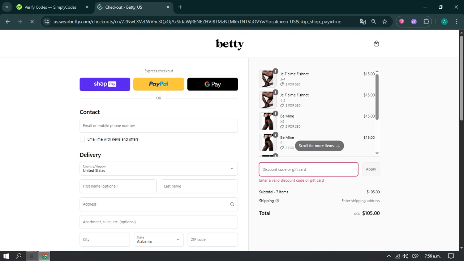 Betty promo code screenshot showing code JUSTFORME applied at Betty checkout page. Uploaded by SimplyCodes community member brianoconner on Jun 5, 2025
