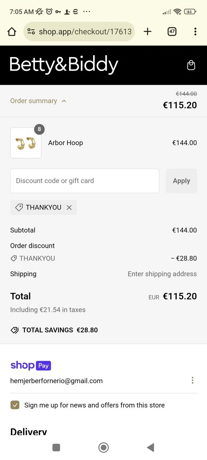 Betty and Biddy discount code screenshot showing code thankyou applied at Betty and Biddy checkout page. Uploaded by SimplyCodes community member Josemedina on Jan 24, 2025