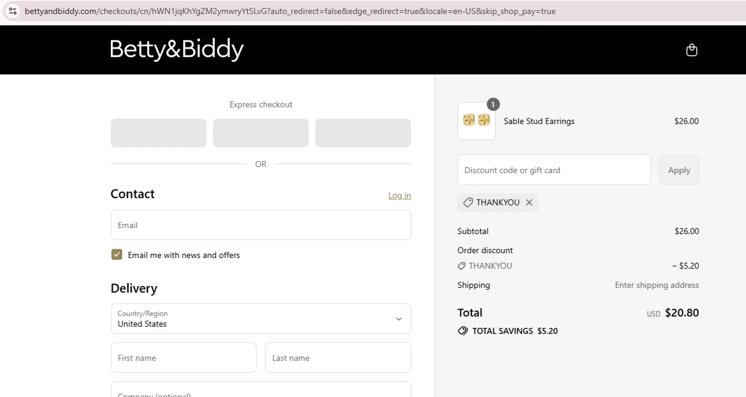 Betty and Biddy discount code screenshot showing code thankyou applied at Betty and Biddy checkout page. Uploaded by SimplyCodes community member Teamgorila on Aug 13, 2025