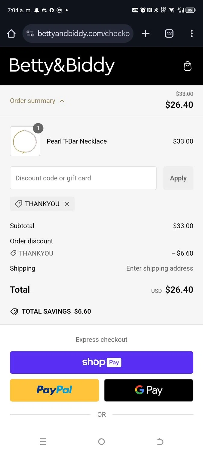 Betty and Biddy discount code screenshot showing code thankyou applied at Betty and Biddy checkout page. Uploaded by SimplyCodes community member kikimbappe on Jan 24, 2025