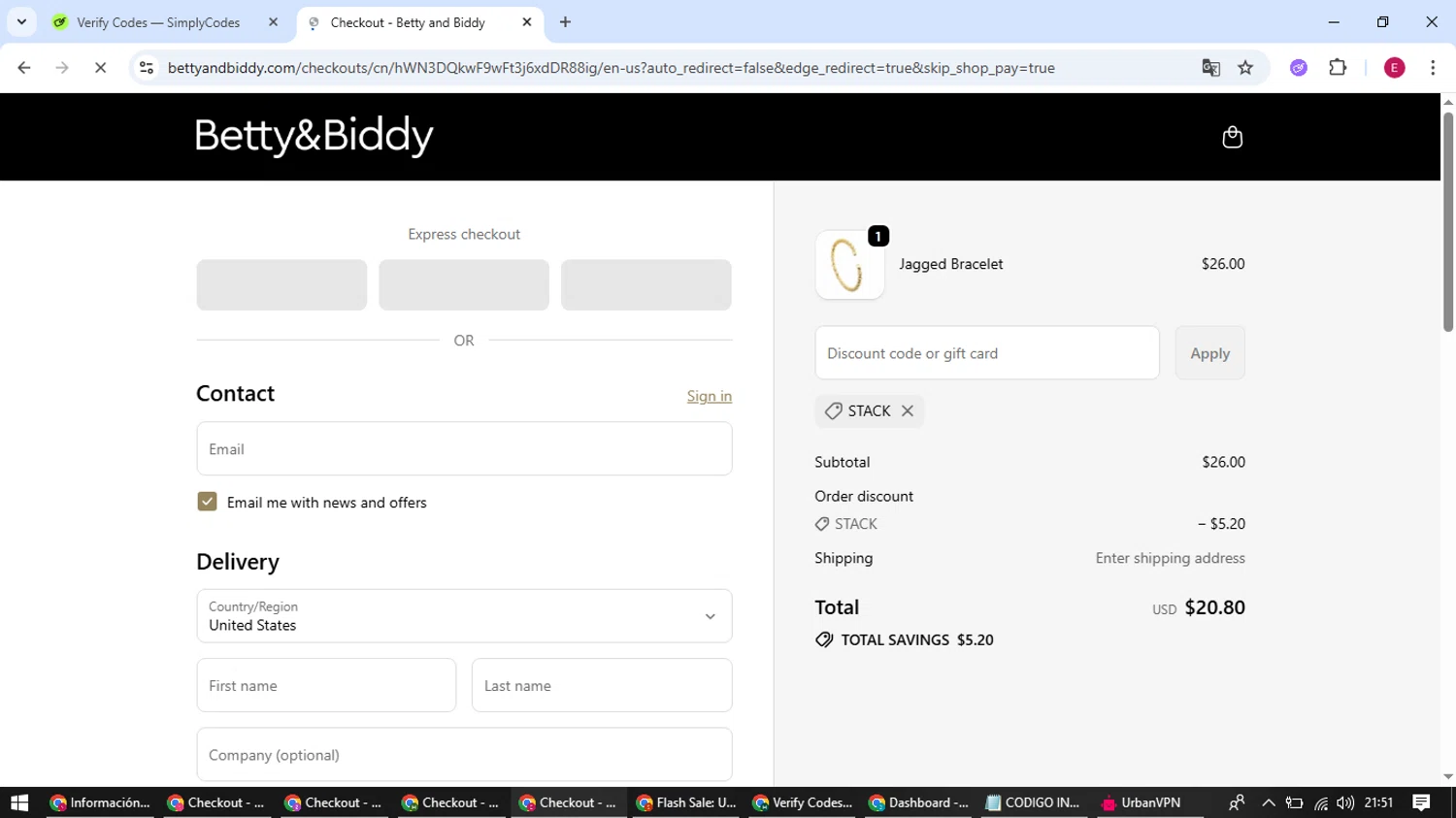 Betty and Biddy discount code screenshot showing code Stack applied at Betty and Biddy checkout page. Uploaded by SimplyCodes community member BrilliantWhiz4434 on Sep 21, 2025