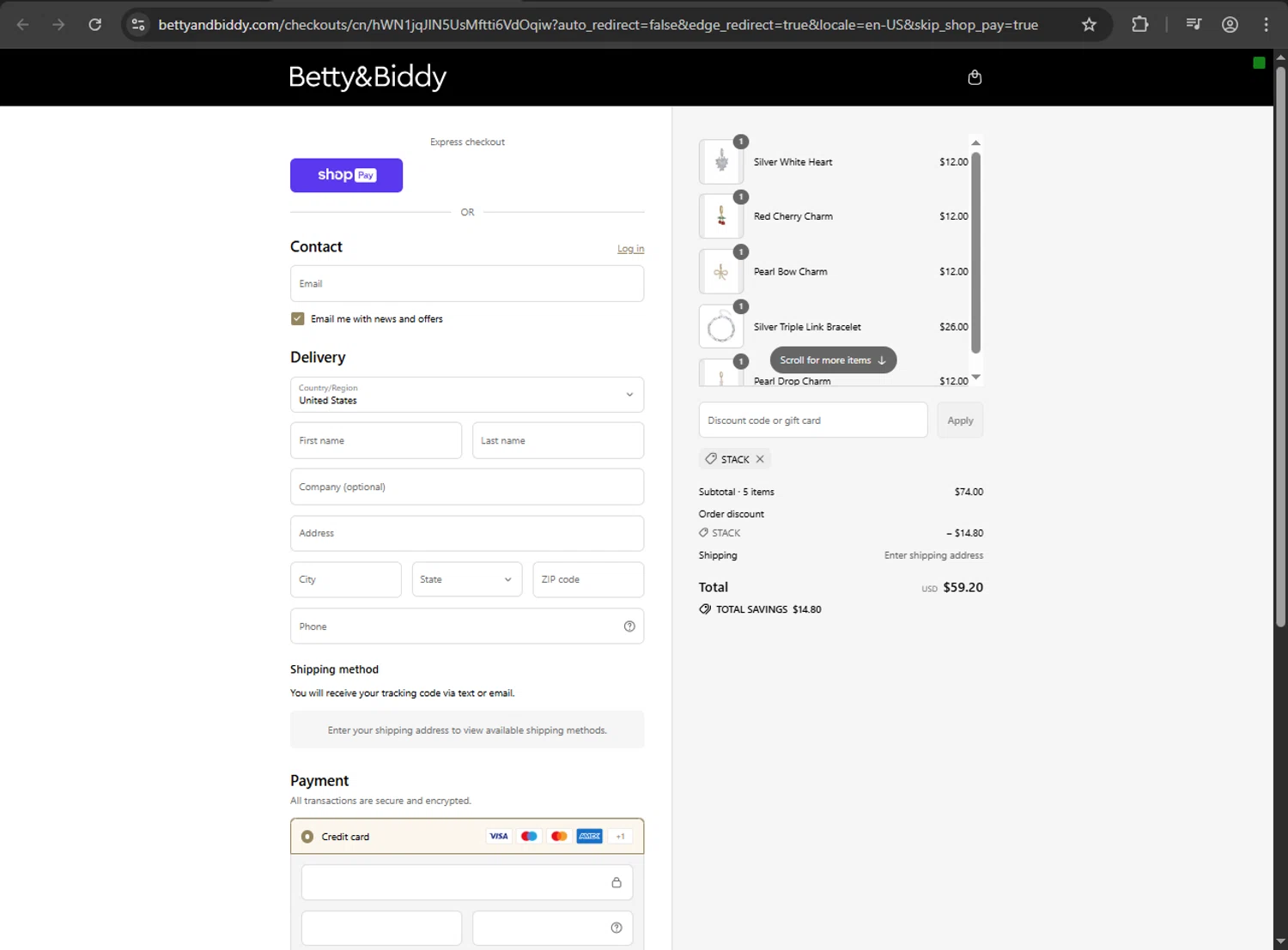 Betty and Biddy discount code screenshot showing code Stack applied at Betty and Biddy checkout page. Uploaded by SimplyCodes community member zzzzzzza on Aug 13, 2025