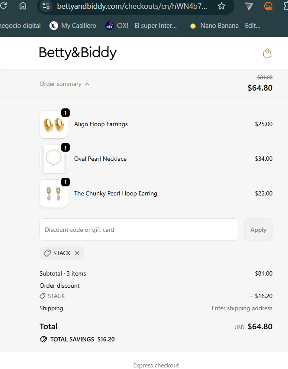 Betty and Biddy discount code screenshot showing code Stack applied at Betty and Biddy checkout page. Uploaded by SimplyCodes community member zhandrak on Oct 27, 2025